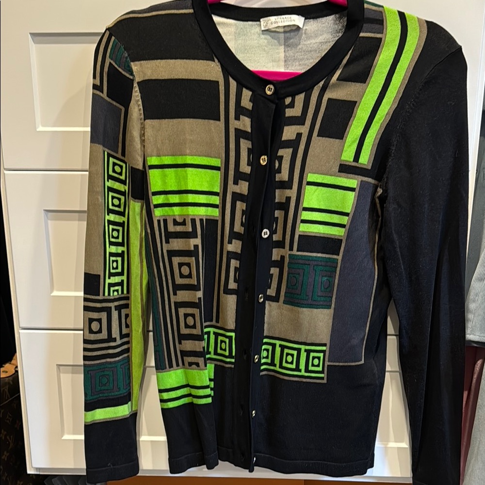 Versace Collection Black and Green Geometric Cardigan